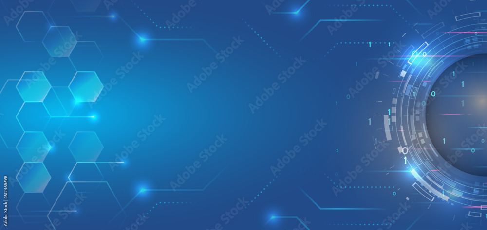 Aufkleber Wide Blue background with various technological elements. Abstract circle technology communication, vector illustration. Futuristic design for presentation. Hi-tech computer digital technology concept