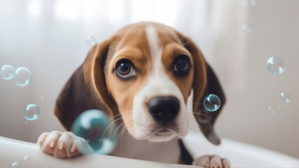 Portrait cute beagle in bathtub with foam and soap bubbles. pets grooming and cleaning concept. Generative AI