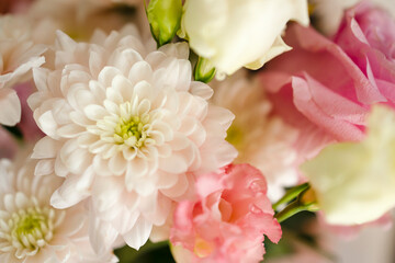 Fototapeta premium Close-up flowers, roses, eustoma, pink chrysanthemums. Macro photography of beautiful flowers with space for copy. A card for birthday, mother's day, wedding and other holidays.