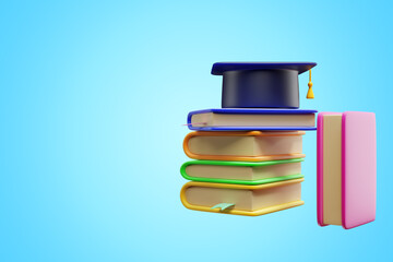 Stack of books and academic cap isolated on blue background. 3d rendering