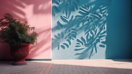 empty table top and blue pattern wall with palm leaf shadows. Place for your product display. Ai Generative