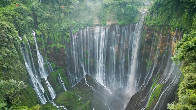Aerial view of Tumpak Sewu waterfall. Java Island, Indonesia