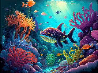 Fototapeta na wymiar Whimsical underwater world filled with vibrant marine life and coral reefs created with generative AI technology