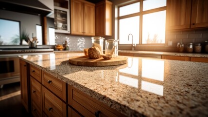 Fragment of traditional cuisine in a luxury home. Large island with quartz countertops, natural wood cabinets, kitchen appliances, beautiful morning light from the window. Generative AI