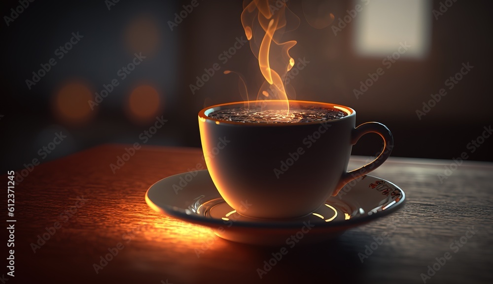 Poster coffee cup and table in closeup generative ai