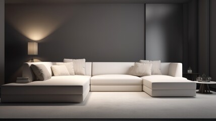 Modern minimalistic living room in light monochrome colors. Empty walls, large corner sofa, coffee table, table lamp. Mock up, 3D rendering. Generative AI