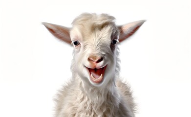 Smiling cheerful goat on a white background. Generative AI.