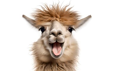 Smiling cheerful lama on a white background. Generative AI.