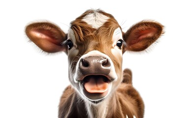 Young smiling cow on a white background. Generative AI.