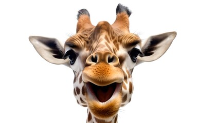 Smiling cheerful giraffe on a white background. Generative AI.