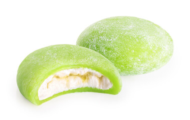 Mochi ice cream with matcha kiwi flavor isolated on white background. With clipping path.