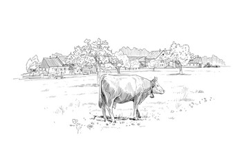 Farm sketch. Cows are grazing in a meadow. Rural landscape hand drawn vector illustration. - 612372261
