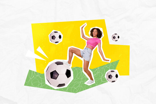 Creative illustration picture poster image collage of positive girlfriend play kick big size ball on green lawn isolated drawing background
