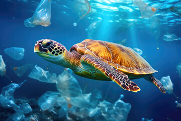 Obraz premium Sea turtle and plastic garbage in blue water. Plastic garbage pollution.