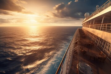 Stunning view of the sunset sea horizon from the board of a luxury cruise ship. Beautiful sky, warm light of the setting sun. The concept of summer cruise vacation and travel. Generative AI