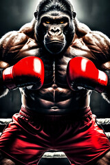 Gorilla with boxing gloves in the ring, fight kickboxing fights , sport. Ai generative  - obrazy, fototapety, plakaty