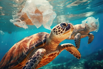 Fototapeta premium Sea turtle and plastic garbage in blue water. Plastic garbage pollution.