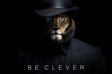 Lion gangster suit motivation text business , Mafia Style , modern art animal . Generative ai - obrazy, fototapety, plakaty