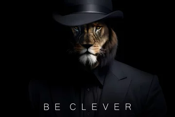 Gordijnen Lion gangster suit motivation text business , Mafia Style , modern art animal . Generative ai © Vieriu