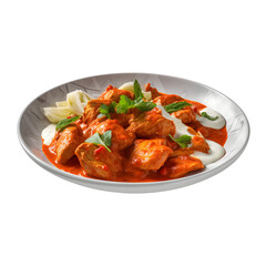 Chicken meat with tikka masala sauce, Spicy curry food in a plate with rice and spices, PNG file