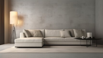 Modern minimalistic living room in light monochrome colors. Empty gray walls, large corner sofa, coffee table, floor lamp, carpet. Mock up, 3D rendering. Generative AI