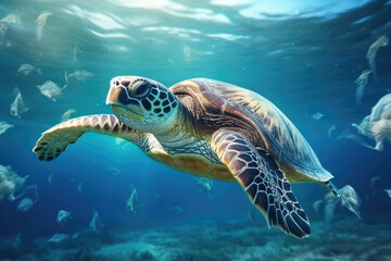 Fototapeta premium Sea turtle and plastic garbage in blue water. Plastic garbage pollution.