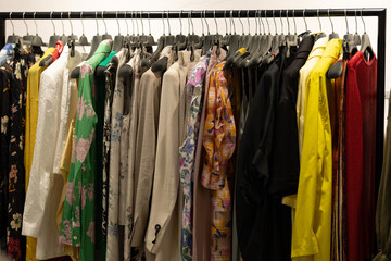 Women's casual clothes on a hanger in the shop
