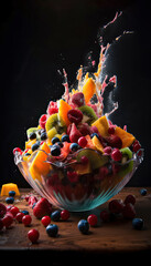 Fruit salad bowl, with spilled water, food photography
