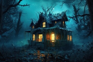 Fototapeta na wymiar Halloween image. Dilapidated overgrown with grass Horror house in eerie foggy blue forest.