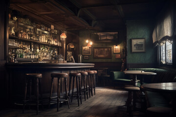 Tables of a pub style old bar, before operating hours. Traditional or British style bar or pub interior. with wooden paneling. Retro vintage atmosphere - obrazy, fototapety, plakaty