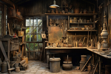 Fototapeta na wymiar Woodworking workshop. mid-century era. An old brick shed type wood worker or carpenter's work place with old tools on the wall and rustic feel