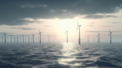 Offshore wind turbines farm on the northern sea against the backdrop of the sunset sky. Sustainable energy production, clean power. 3D illustration. Generative AI