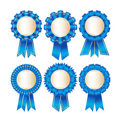 Set of realistic award ribbons in blue. Award rosette. Awards labels set. Winner, quality mark, award, top.