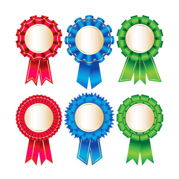 Set of colored ribbons. Award rosette. Winner, quality mark, award, top.