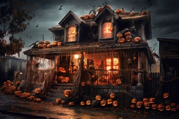 Obraz premium Halloween horror house littered with Jack lantern pumpkins and trash.