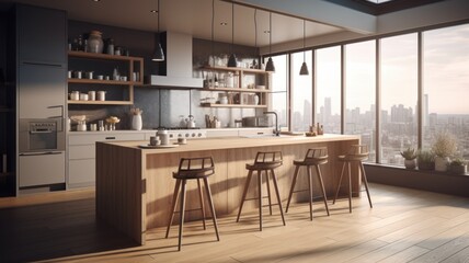 Modern kitchen with breakfast bar in an urban luxury apartment. Wooden floors, gray facades, counter bar with bar stools, floor to ceiling windows overlooking the city. 3d rendering. Generative AI
