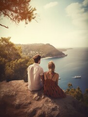 Tourism in Europe. Back view of young couple looking stunning landscape in the picturesque Island. AI generative