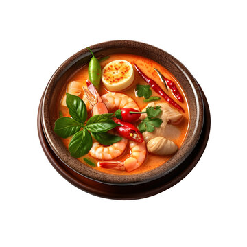 A tomyum served on a plate with a transparent background