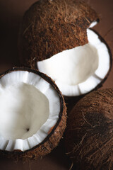 Minimalistic summer composition with ripe coconuts on brown craft background. Close-up. Selective focus