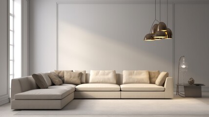 Modern minimalistic living room in light monochrome colors. Empty walls, large corner sofa, coffee table, floor lamp, ceiling lights, large floor-to-ceiling window. Mock up, 3D Generative AI