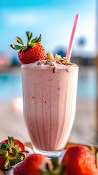 Close up of a Milkshake, Professional Shot, Commercial Shot with a Straw and some Pieces of Strawberry inside. Generative AI.