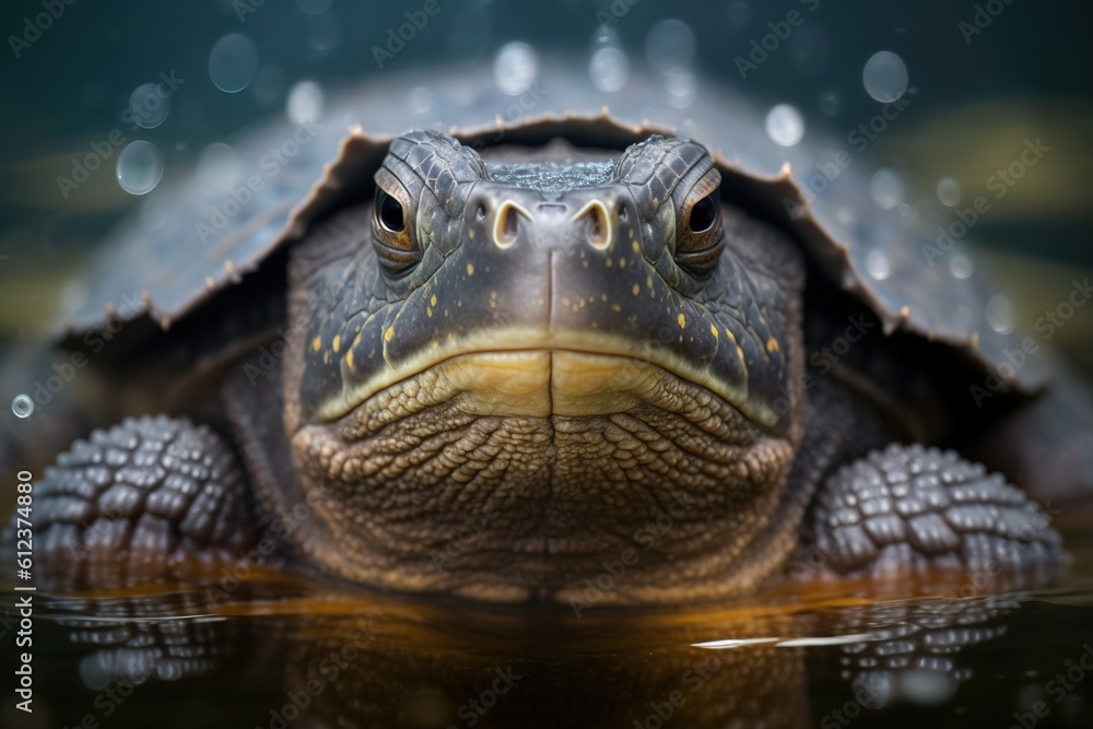 Poster a watery closeup of a snapping turtle facing the camera generative ai