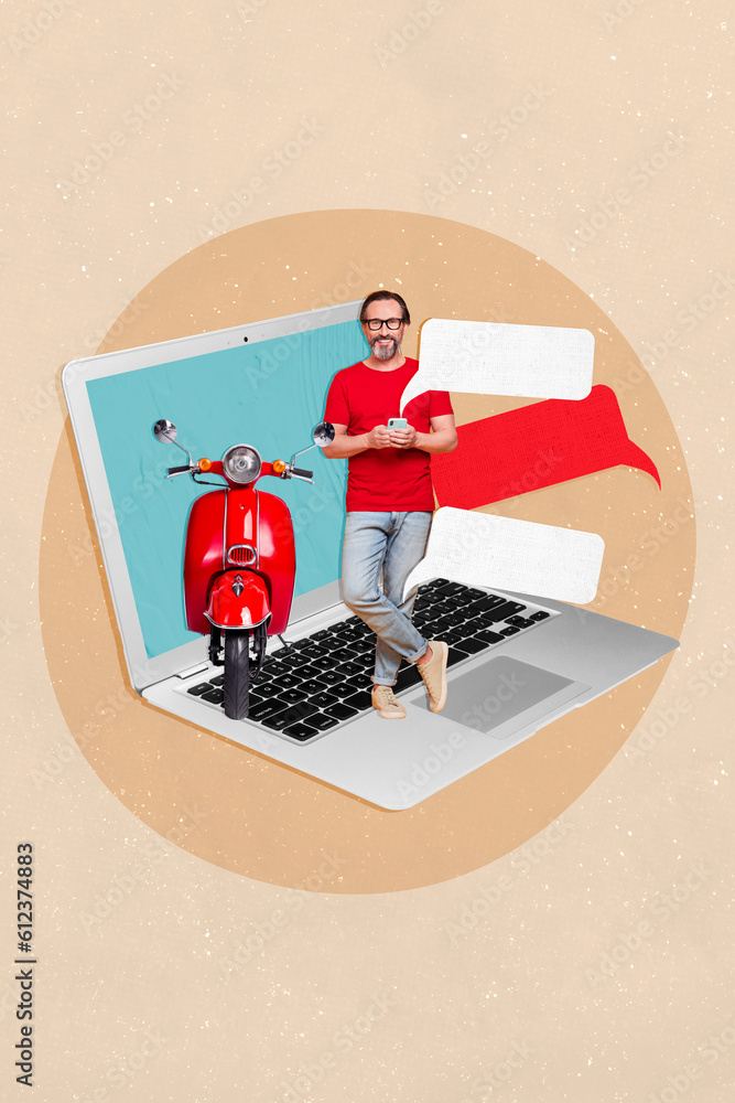 Poster artwork collage sketch 3d pop retro miniature template of middle aged retired man stand netbook use 