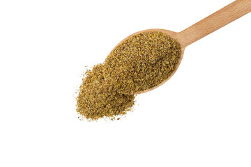 dried common chamomile flowers in latin - Matricaria chamomilla  on wooden spoon isolated on white background. Medicinal herb.