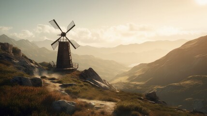 A traditional old stone wooden mill on a hillside against the backdrop of beautiful mountains and a vibrant sunset sky. European historical landscape, romance and beauty of nature. Generative AI