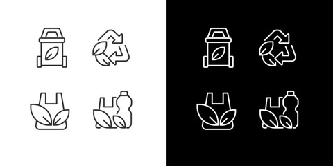 Plastic waste recycling pixel perfect linear icons set for dark, light mode. Garbage reusing. Refusing industry. Thin line symbols for night, day theme. Isolated illustrations. Editable stroke