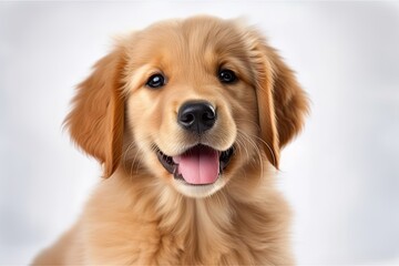 Portrait of a Happy Golden Retriever Puppy Posing on White Background - Cute Young Pet of Pedigreed Breed: Generative AI