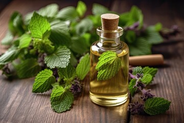 Patchouli Essential Oil on Fresh Leaves and Wooden Board for Aromatherapy, Massage, Spa with Glass Bottle and Plank Background: Generative AI - obrazy, fototapety, plakaty
