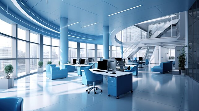 Office Blue: A Modern Corporate Interior in Blue Tones, with Open Space Desk and Bold Architecture Design, Ideal for Business Headquarter Premises: Generative AI