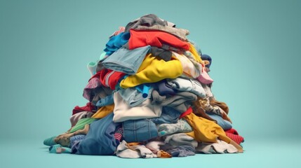 Pile of clothes on light blue background. Generative AI.